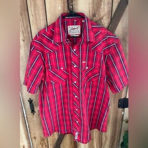 Rafter C Mens Size XL Short Sleeve Pearl Snap Shirt Red Plaid Cowboy Western